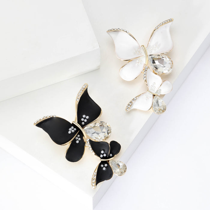 Matte Enamel Dual Butterfly Brooch Crystal Drops Black White