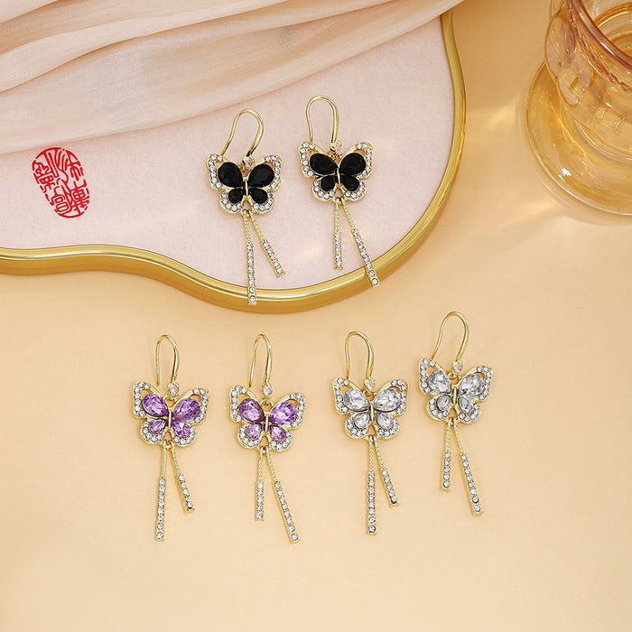 Gold Crystal Butterfly Drop Earrings With Bar Tassels