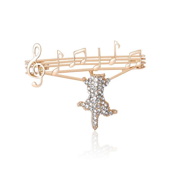 Music Staff Cat Rhinestone Brooch Gold Silver Tone Pin