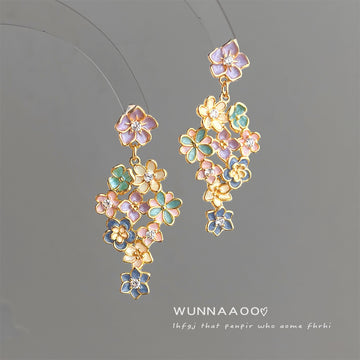 Gold Tone Multicolor Enamel Flower Cluster Long Drop Earrings