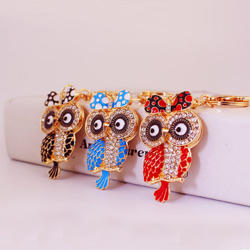 Owl Bow Keychain With Clear Stone Accents, Split Ring And Clasp