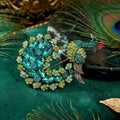 Gold Tone Peacock Brooch with Green and Blue Crystal Tail view 2