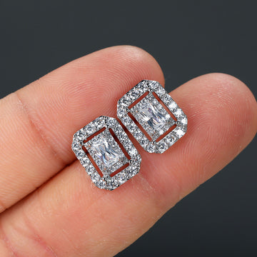 Silver Openwork Rectangle Halo CZ Stud Earrings Alloy