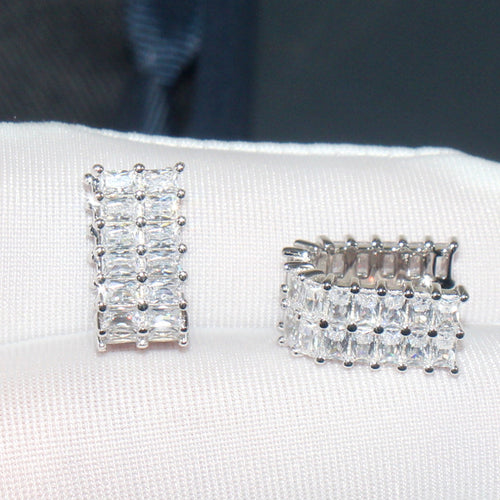 Rectangular Pavé Huggie Hoop Earrings in Silver Tone, alternate angle.