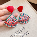 Red Patterned Triangle Drop Earrings With Beaded Trim view 4