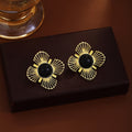 Black Round Center Gold Wire Flower Statement Stud Earrings view 1