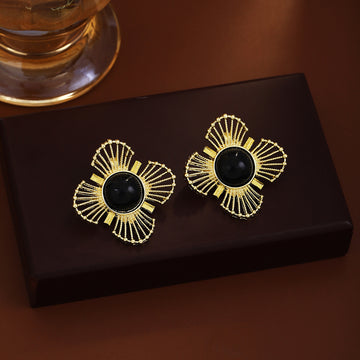 Black Round Center Gold Wire Flower Statement Stud Earrings
