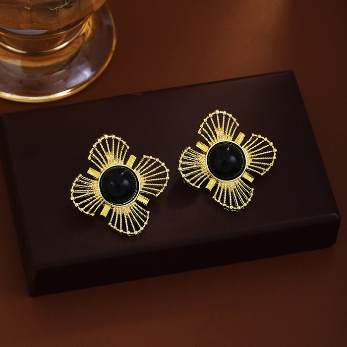 Black Round Center Gold Wire Flower Statement Stud Earrings