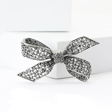 Black Crystal Mesh Ribbon Bow Brooch With Four Open Loops