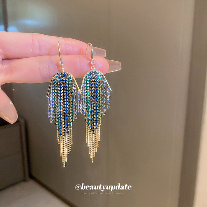 Blue Green Beaded Fringe Drop Earrings With Gold Tone Chains