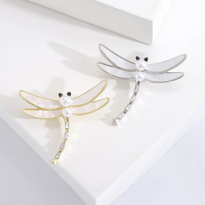 Shell Wing Dragonfly Brooch Pearl Body Gold Silver Tone