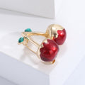 Red Cherry Brooch Gold Cap Green Crystal Leaf Fruit Pin view 2