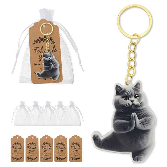 Gray Praying Cat Flat Acrylic Keychain With Gold Tone Ring