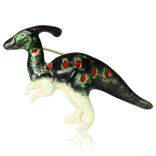 Green mottled enamel parasaurolophus dinosaur brooch front view