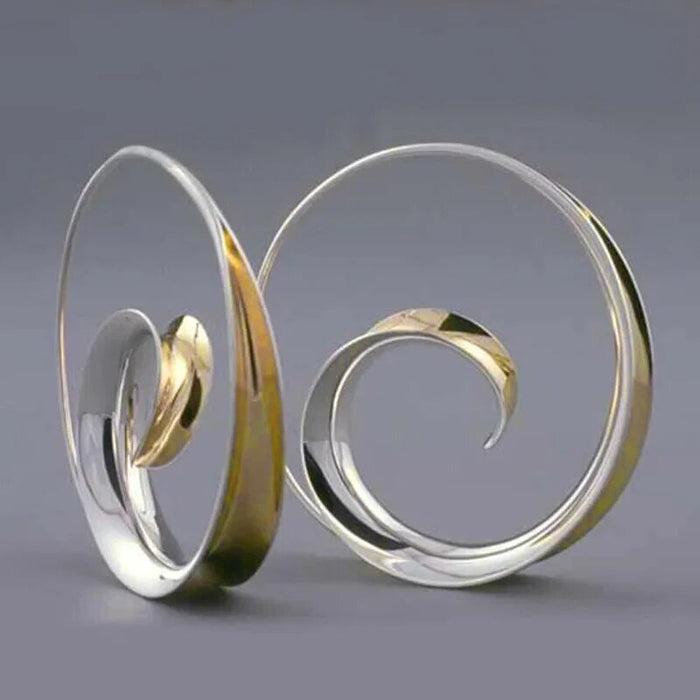 Silver Gold Two-Tone Spiral Swirl Drop Hoop Earrings