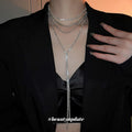 Silver Multi Layer Rhinestone Choker Long Drop Tassel view 3