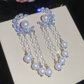 Silver Leaf Crystal Statement Earrings with Pearl Chain Fringe view 1
