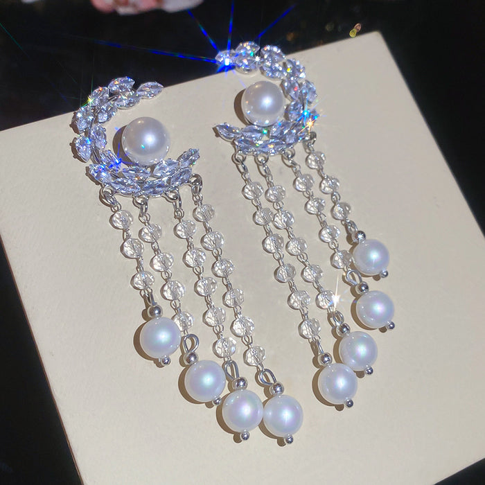 Silver Leaf Crystal Statement Earrings with Pearl Chain Fringe