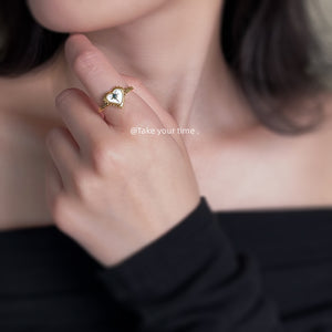 Gold Open Heart Ring With Shell Inlay And Green Stone Star
