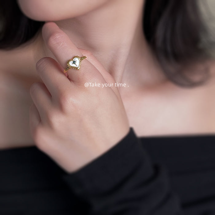 Gold Open Heart Ring With Shell Inlay And Green Stone Star