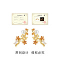 Gold Plum Blossom Branch Stud Earrings Pearl Orange Crystals view 3