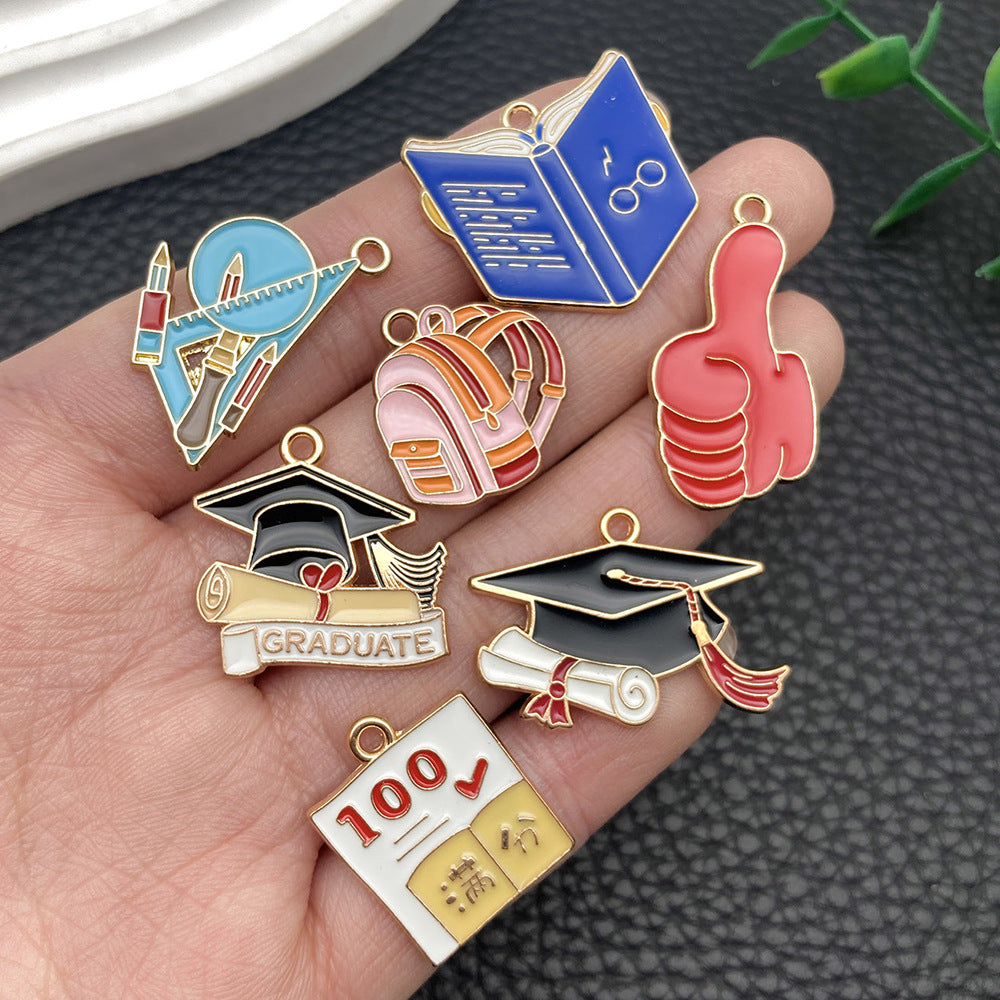 Enamel Zinc Alloy Graduation Cap Schoolbag Book Pen Charm Pendants for DIY Keychain Jewelry