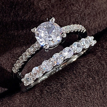 Silver Tone Round Solitaire And Crystal Band Ring Set