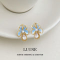 Gold Light Blue Enamel Iris Flower Drop Earrings Pair view 4