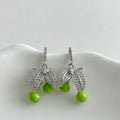 Silver Tone Crystal Leaf and Green Cherry Drop Earrings view 6