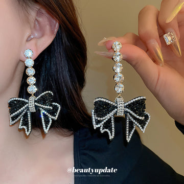Black Bow Drop Earrings with Clear Crystal Trim and Pearl Accents