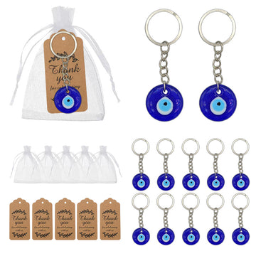 Blue Turkish Evil Eye Round Glass Keychain Ring Metal Charm