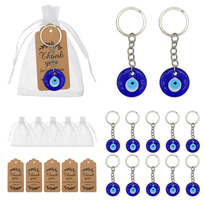 Blue Turkish Evil Eye Round Glass Keychain Ring Metal Charm