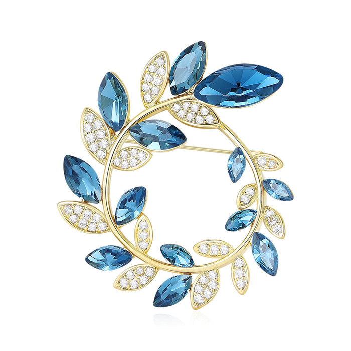 Marquise Crystal Leaf Wreath Brooch in Blue Pink or Green
