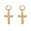 Textured Cross Drop Crystal Hoop Earrings in Gold Tone view 5