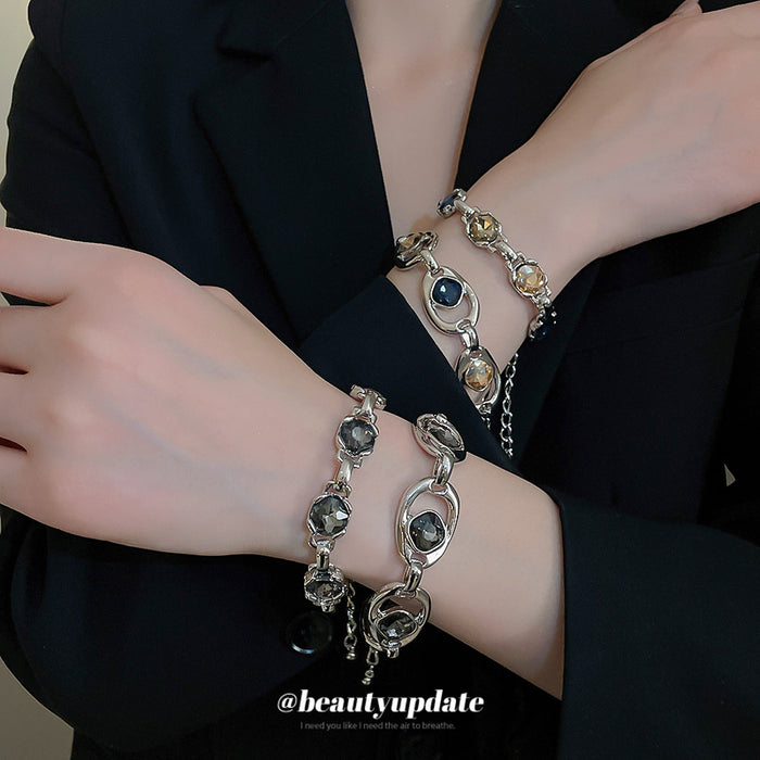 Silver Hollow Link Crystal Bracelets Gray Blue Amber