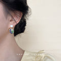 White Disc Blue Green Enamel Oval Drop Earrings Gold Frame view 2