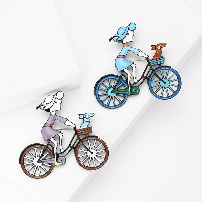Enamel Girl Bicycle Brooch Dog Basket Purple Blue Pin