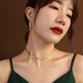 Leaf Choker Necklace Pearl Drop Leaf Earrings Gold Steel Rose view 2
