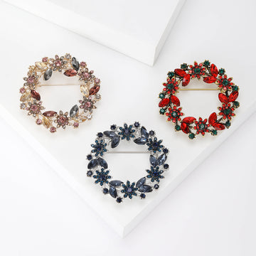 Open Floral Crystal Wreath Brooch in Red Blue or Pink