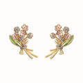 Gold Pink Enamel Flower Bouquet Leaf CZ Stud Earrings view 5