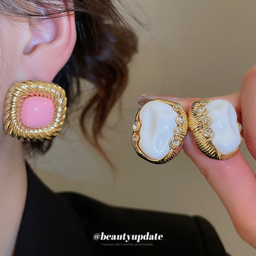 Gold Tone Square Stud Earrings with Pink or White Centers