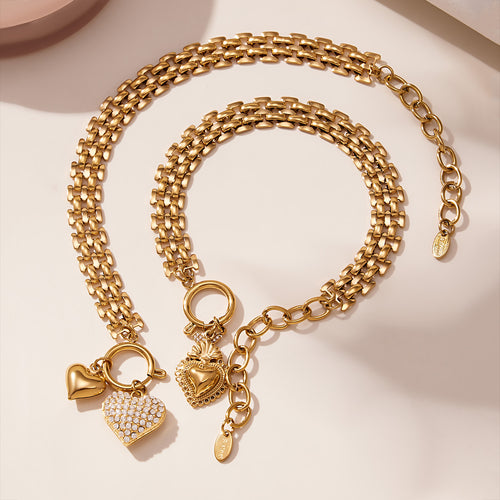 Neckline view of crystal heart watch chain jewelry in main image 2.