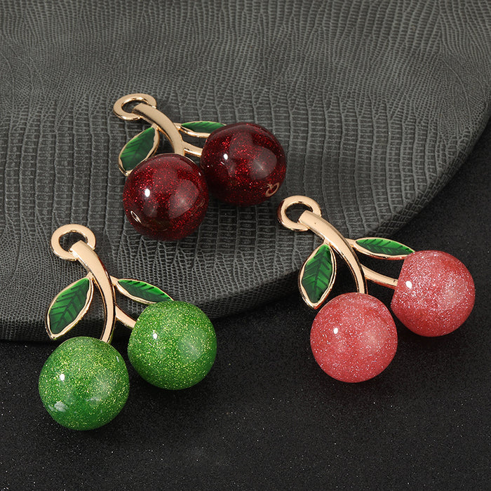 Glitter Resin Cherry Charm Pendant Gold Tone Leaves Three Colors
