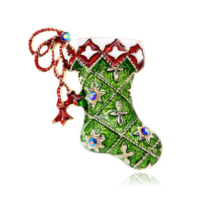 Green Enamel Christmas Stocking Brooch with Red Cuff and Bow