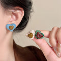 Fabric Heart Stud Earrings with Brown Bear or Heart Centers view 3