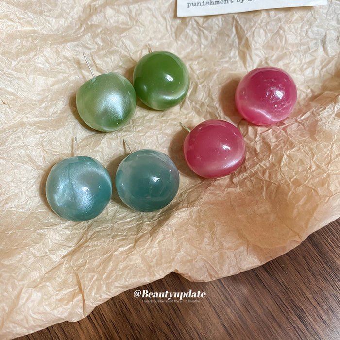Glossy Round Stud Earrings in Pink Blue and Green Color Options