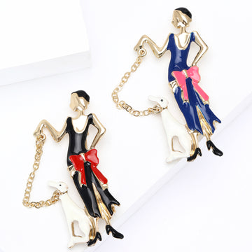 Fashion Woman And Dog Enamel Brooch In Two Outfits
