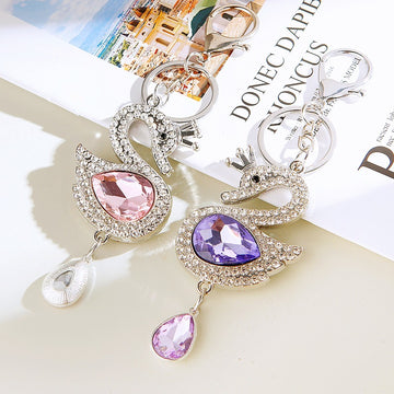 Double Sided Crystal Swan Keychains in White Black Violet Pink and Assorted