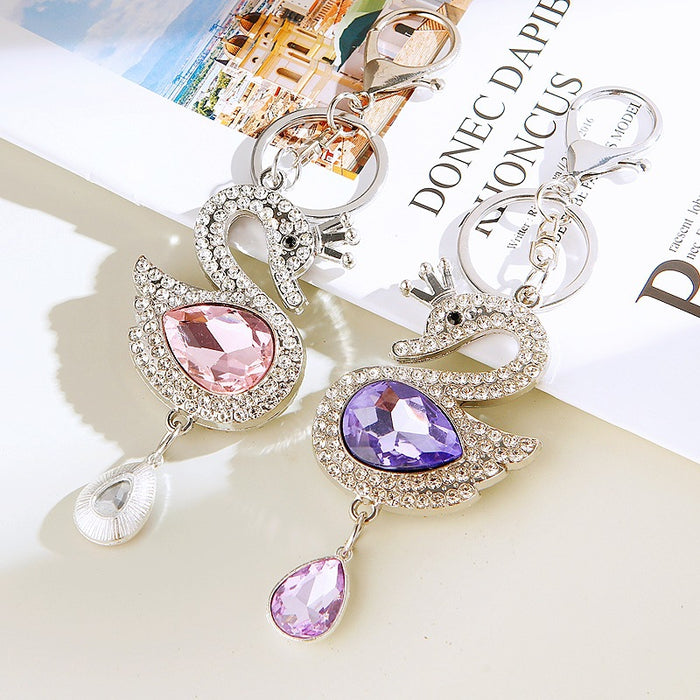 Double Sided Crystal Swan Keychains in White Black Violet Pink and Assorted