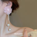 Pink Fabric Flower Chain Drop Earrings With Pearl Accents view 3